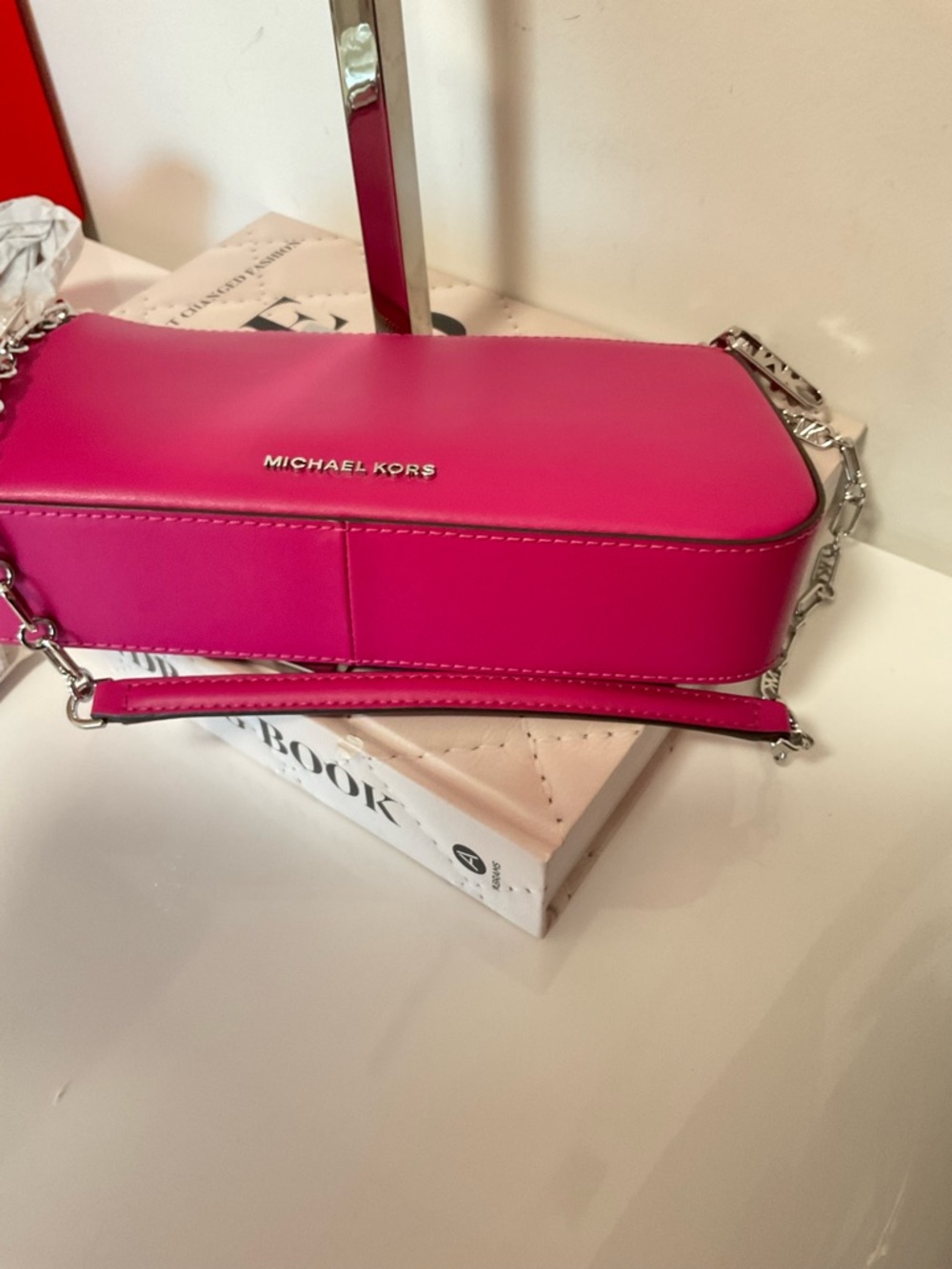 Michael Kors Deep Fuschia Empire Leather Chain-Link Pouchette - Picture 7 of 11